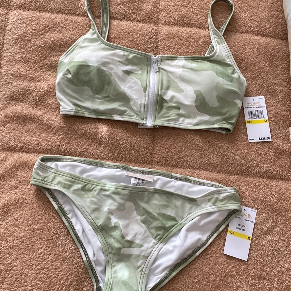 Michael Kors Army Camo Zip Front Bikini Set SZ M - Picture 1 of 6